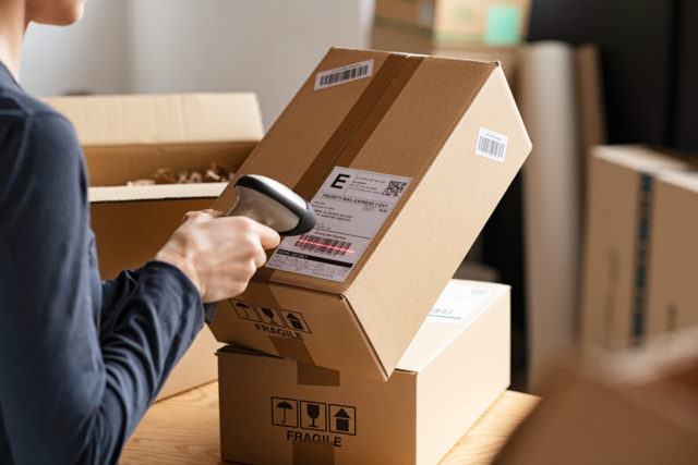 Person scanning parcel label on carboard box